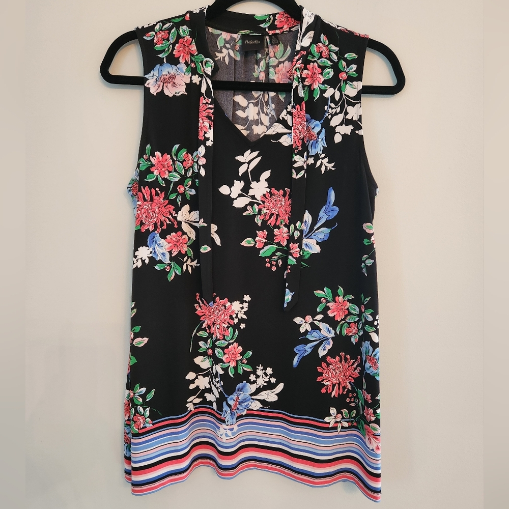 EUC Raffaella Black Floral Print Blouse with Neck Tie.  Beautiful print.  Size M